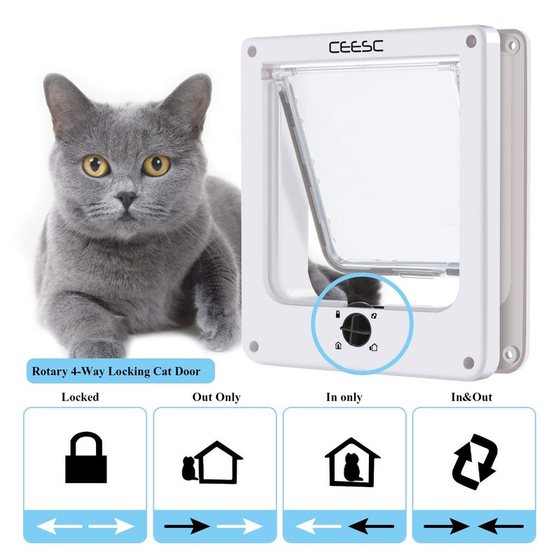 CEESC Medium Cat Door for Interior/Exterior Door, Weatherproof, White, Rotary 4 Way Locking Pet Door for Cats & Dogs with Circumference < 15.75", Upgraded Version - Image 5