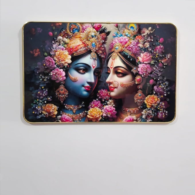 RADHA KRISHNA WALL PAINTING CRYSTAL EMBEDDED HIGH GLOSS GOLD SLIM FRAME 45X30 CM WALL ART FOR LIVING ROOM BEDROOM OFFICE HOME DCOR
