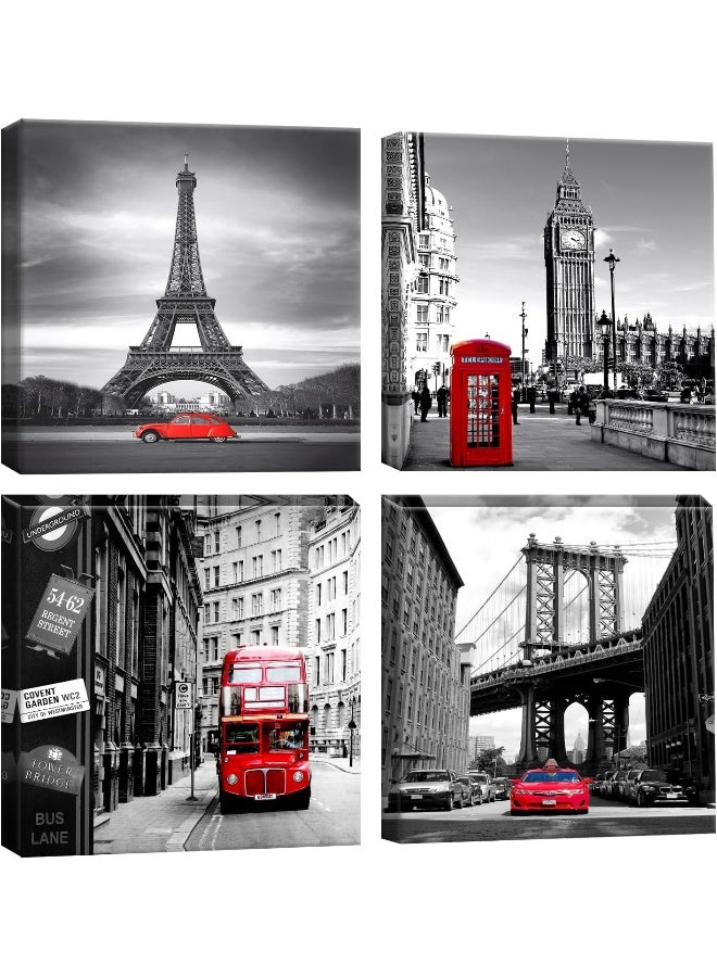 Artscope 4 Pieces Wall Art Canvas Prints - Red Cityscape with Eiffel Tower, Big Ben, Tower Bridge Picture Painting- Modern Wall Artwork Framed for Bathroom Home Office Decor - 30 x 30 CM - Image 1