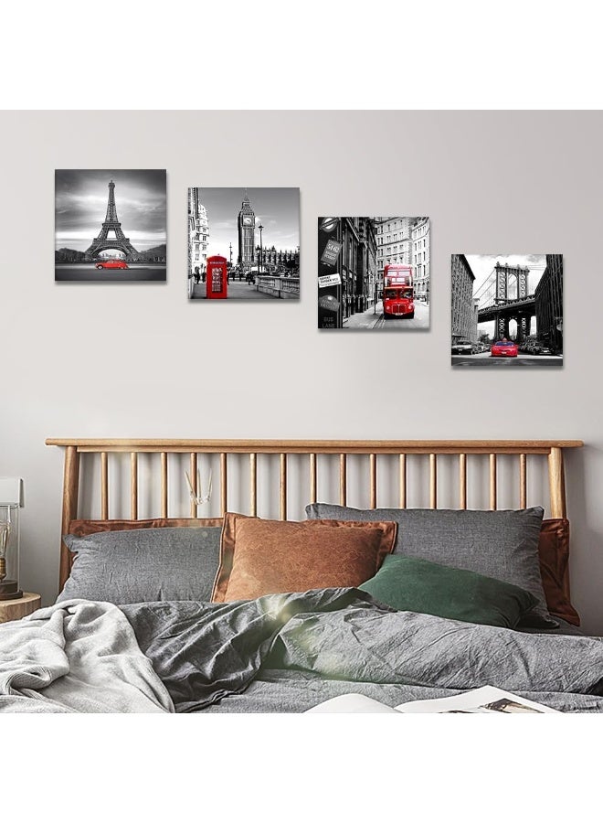 Artscope 4 Pieces Wall Art Canvas Prints - Red Cityscape with Eiffel Tower, Big Ben, Tower Bridge Picture Painting- Modern Wall Artwork Framed for Bathroom Home Office Decor - 30 x 30 CM - Image 5