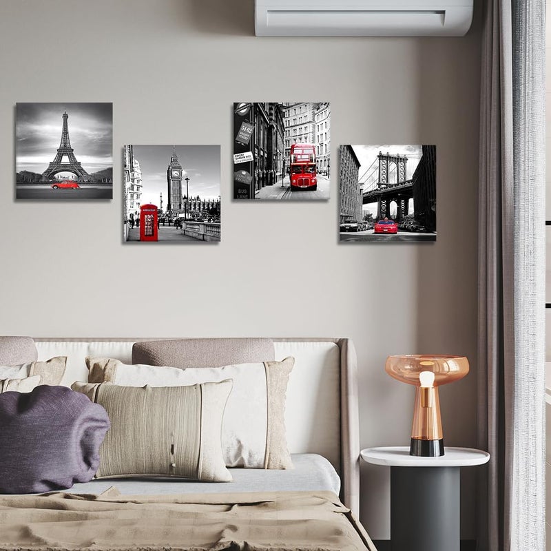 Artscope 4 Pieces Wall Art Canvas Prints - Red Cityscape with Eiffel Tower, Big Ben, Tower Bridge Picture Painting- Modern Wall Artwork Framed for Bathroom Home Office Decor - 30 x 30 CM - Image 4