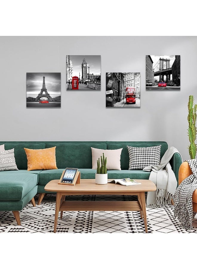 Artscope 4 Pieces Wall Art Canvas Prints - Red Cityscape with Eiffel Tower, Big Ben, Tower Bridge Picture Painting- Modern Wall Artwork Framed for Bathroom Home Office Decor - 30 x 30 CM - Image 2