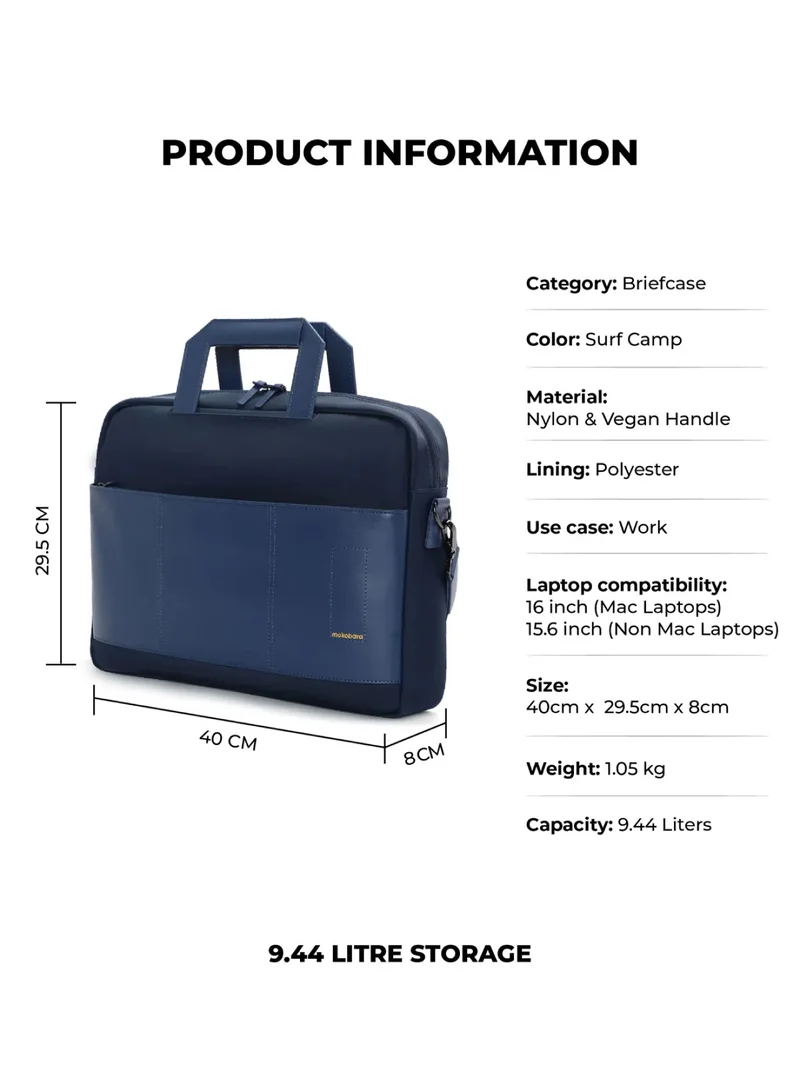 موكوبارا للتجارة ذ.م.م The Briefcase With Adjustable Shoulder Strap Vegan Leather, Water Resistant, Blue, Fits upto 15.6" Laptops (Unisex, Surf Camp)