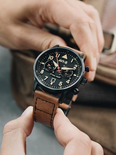 AVI-8 Mens 43.5mm Hawker Hurricane Carey Dual Time Debden Japanese Quartz Pilot Watch with Leather Strap AV-4088-03 - Image 4