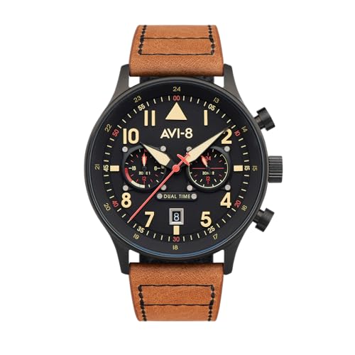 AVI-8 Mens 43.5mm Hawker Hurricane Carey Dual Time Debden Japanese Quartz Pilot Watch with Leather Strap AV-4088-03 - Image 1