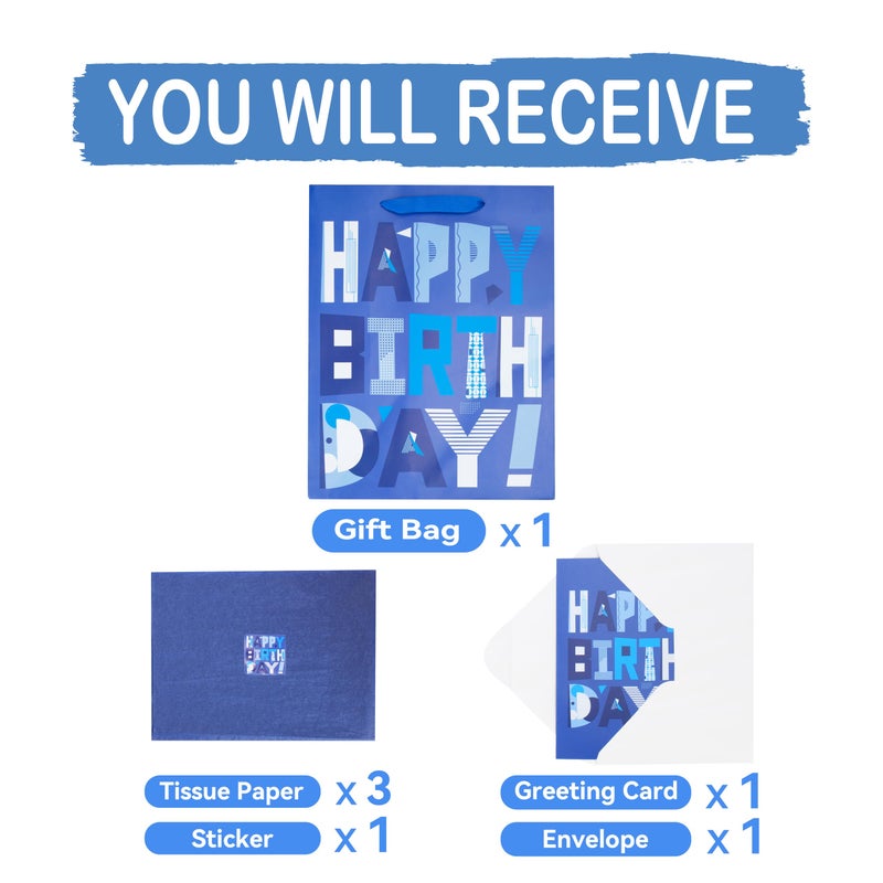 wishinside 13" Large Blue Gift Bags Set with Greeting Card and Tissue Papers (Blue Happy Birthday) for Men's Birthday Party,Kids' Parties, Baby Shower, or Baby Boy - 13â€x10.2â€x5.2â€, 1 Pcs - Image 4