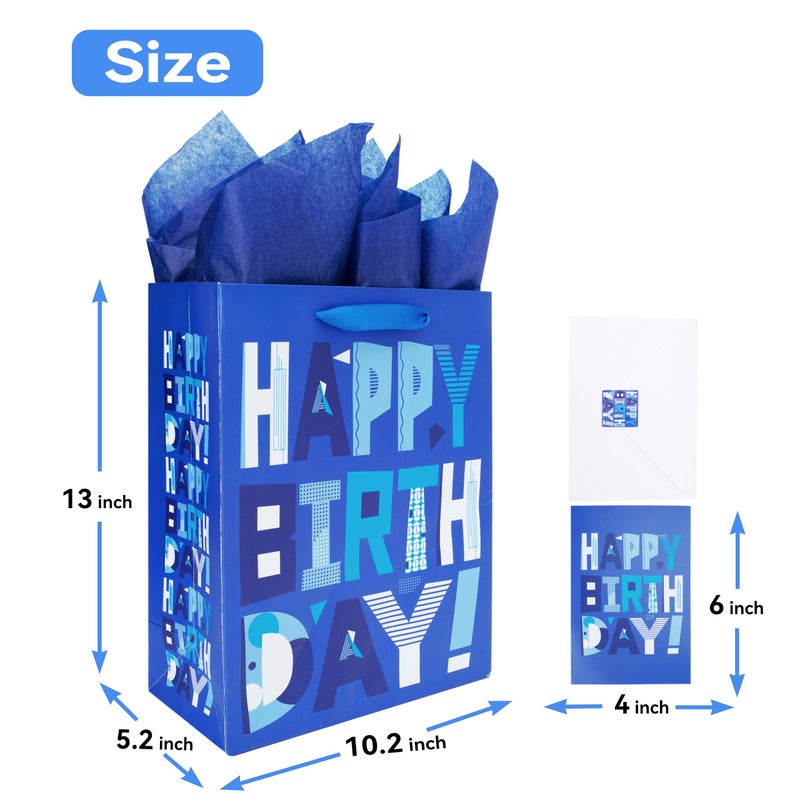 wishinside 13" Large Blue Gift Bags Set with Greeting Card and Tissue Papers (Blue Happy Birthday) for Men's Birthday Party,Kids' Parties, Baby Shower, or Baby Boy - 13â€x10.2â€x5.2â€, 1 Pcs - Image 2
