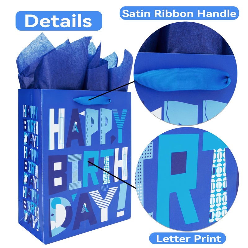 wishinside 13" Large Blue Gift Bags Set with Greeting Card and Tissue Papers (Blue Happy Birthday) for Men's Birthday Party,Kids' Parties, Baby Shower, or Baby Boy - 13â€x10.2â€x5.2â€, 1 Pcs - Image 5
