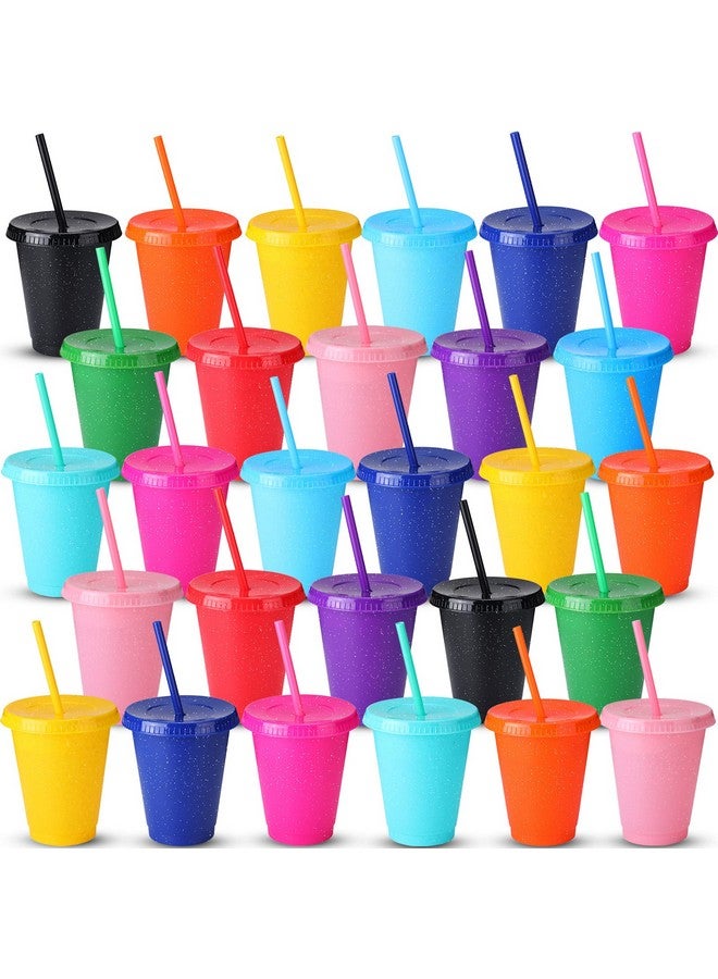 Potchen 36 Pcs Christmas Glitter Reusable Cup with Straws and Lids, Plastic Tumbler with Lids and Straws Bulk Color Party Coffee Cup - Image 1