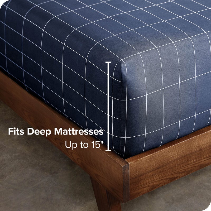 Bare Home Bare Home Fitted Bottom Sheet Queen Size - Premium 1800 Microfiber - Ultra-Soft Hotel Luxury - Deep Pocket - Durable and Long Lasting (Queen  Grid - Midnight Blue/White)  - Image 2
