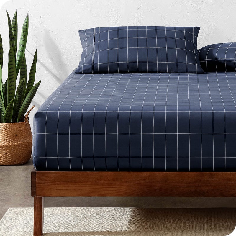 Bare Home Bare Home Fitted Bottom Sheet Queen Size - Premium 1800 Microfiber - Ultra-Soft Hotel Luxury - Deep Pocket - Durable and Long Lasting (Queen  Grid - Midnight Blue/White)  - Image 1