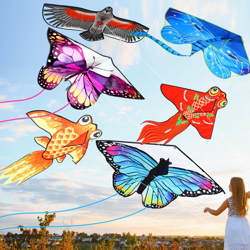 Leitee 6 Pack Large Kite for Kids and Adults Butterfly Kite for Kids Age 4-8-12 Dragonfly Owl Parrot Eagle Goldfish Teens Toy Easy to Fly for Game Beach Outdoor Activities Gifts(Cool Style) - Image 1