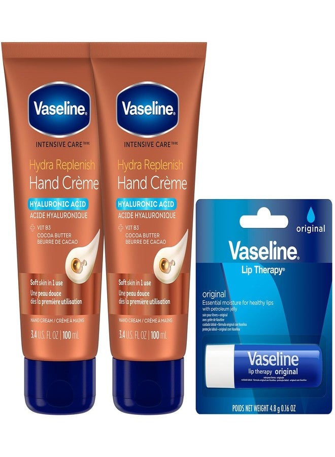 Vaseline Hand Cream 2-Pack - Hydra Replenish Crème with Hyaluronic Acid, Niacinamide & Cocoa Butter for Soft Skin + Cocoa Butter Lip Therapy Tube with Petroleum Jelly - Image 1