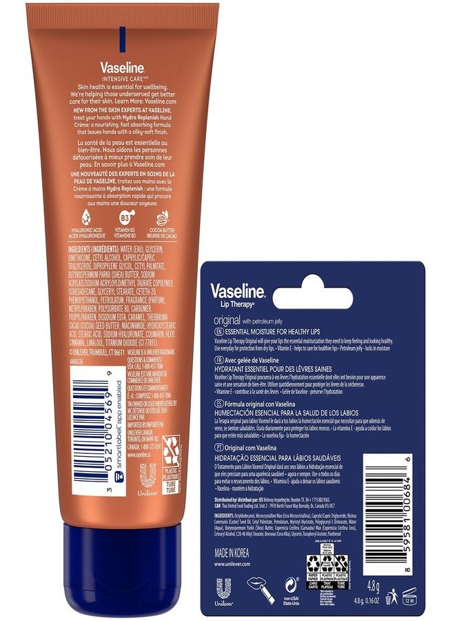 Vaseline Hand Cream 2-Pack - Hydra Replenish Crème with Hyaluronic Acid, Niacinamide & Cocoa Butter for Soft Skin + Cocoa Butter Lip Therapy Tube with Petroleum Jelly - Image 2