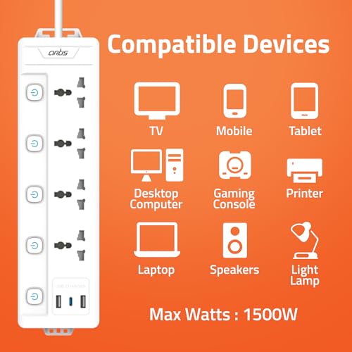 Artis 4MS-USBC 4 Universal Multi Switch Sockets with 2 USB-A & USB-C Port Surge Protector (White, 2 m) - Image 5