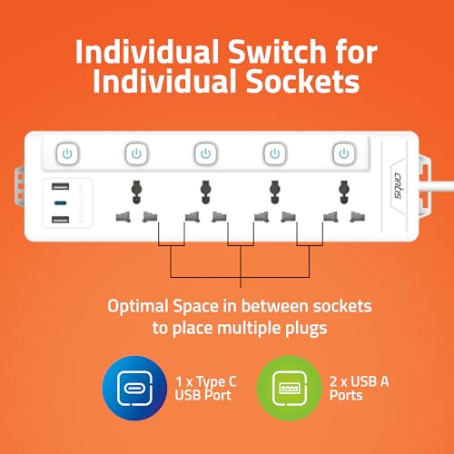 Artis 4MS-USBC 4 Universal Multi Switch Sockets with 2 USB-A & USB-C Port Surge Protector (White, 2 m) - Image 2