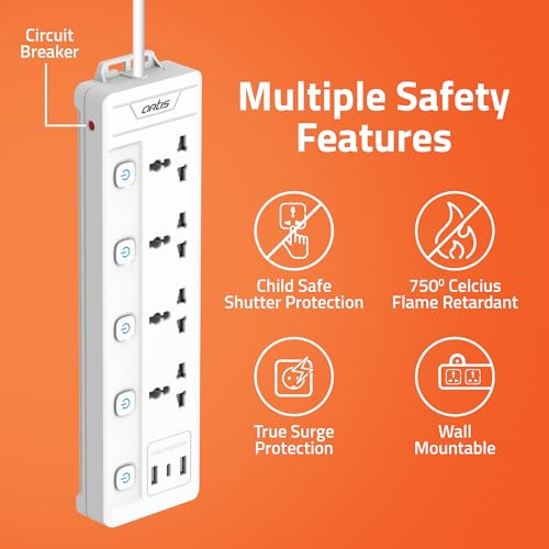 Artis 4MS-USBC 4 Universal Multi Switch Sockets with 2 USB-A & USB-C Port Surge Protector (White, 2 m) - Image 3