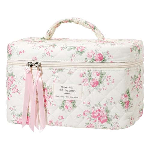senbowe Large Quilted Makeup Bag Cotton Floral Cosmetic Bag for Women Cute Coquette Aesthetic Makeup Bag Toiletry Bag Travel Make Up Organizer Bag with Zipper and Ribbon - Image 1