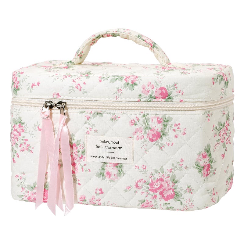 senbowe Large Quilted Makeup Bag Cotton Floral Cosmetic Bag for Women Cute Coquette Aesthetic Makeup Bag Toiletry Bag Travel Make Up Organizer Bag with Zipper and Ribbon - Image 2