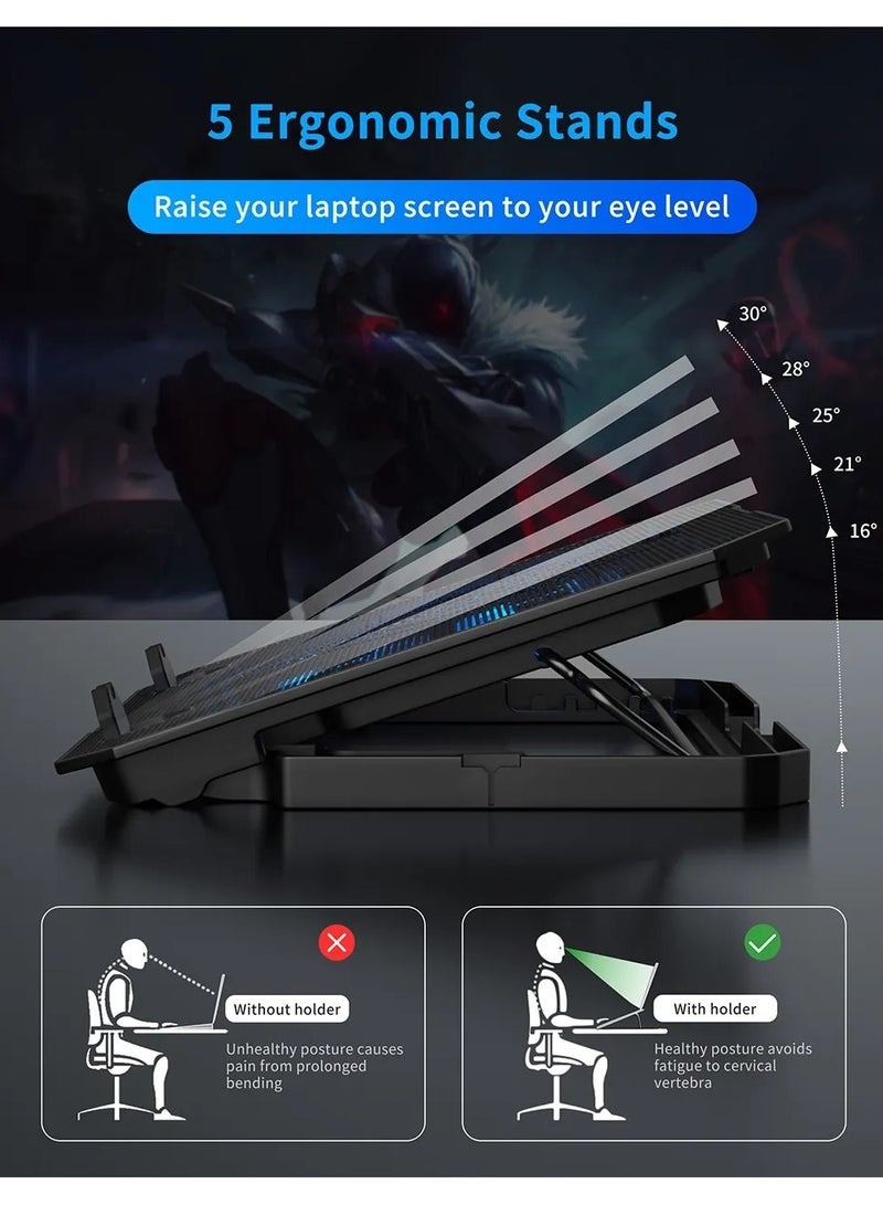 ICE COOREL Laptop Cooling Pad with Phone Holder, 6 Quiet Fans, Adjustable Height, 2 USB Ports, Blue LED, Ergonomic Cooler Stand for 12-18 Inch Gaming and Work Laptops, Home Office and Everyday Use - Image 3