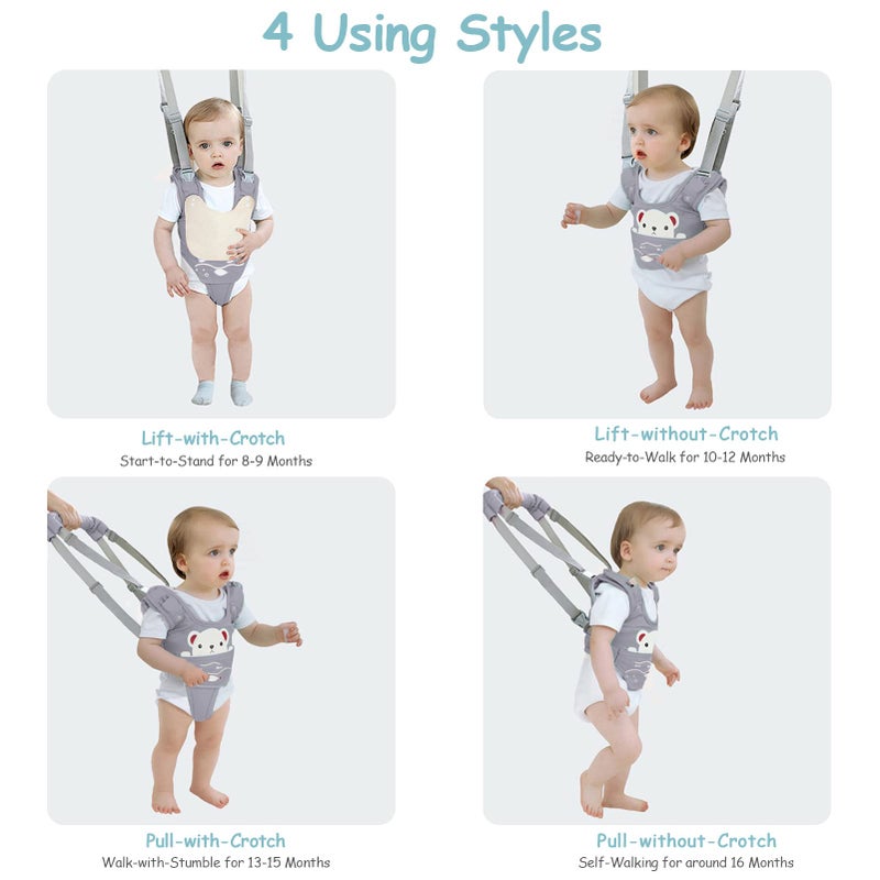 Ocanoiy Baby Walking Harness Handheld Baby Walker Assistant Belt Adjustable Toddler Infant Walker Safety Harnesses Standing Up and Walking Learning Helper with Detachable Crotch for 9-24 Month (Gray) - Image 5
