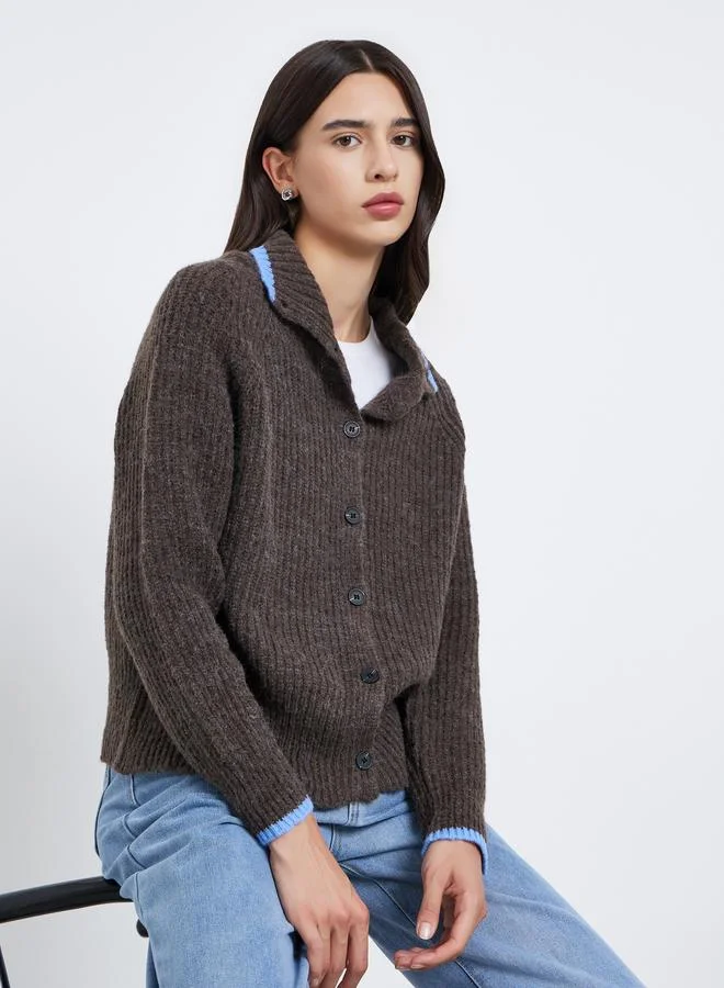 Take Two Take Two Women Ribbed Knit Cardigan with Contrast Trim