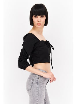 Missguided Women Square Neck Long Sleeves Crop Top, Black  - Image 3