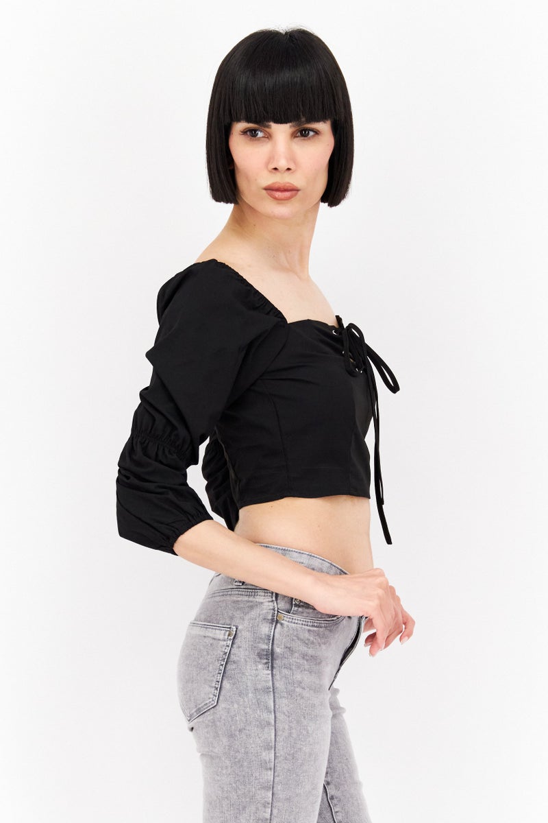 Missguided Women Square Neck Long Sleeves Crop Top, Black - Image 3