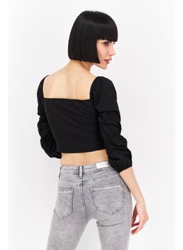 Missguided Women Square Neck Long Sleeves Crop Top, Black  - Image 4