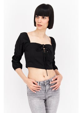Missguided Women Square Neck Long Sleeves Crop Top, Black  - Image 1