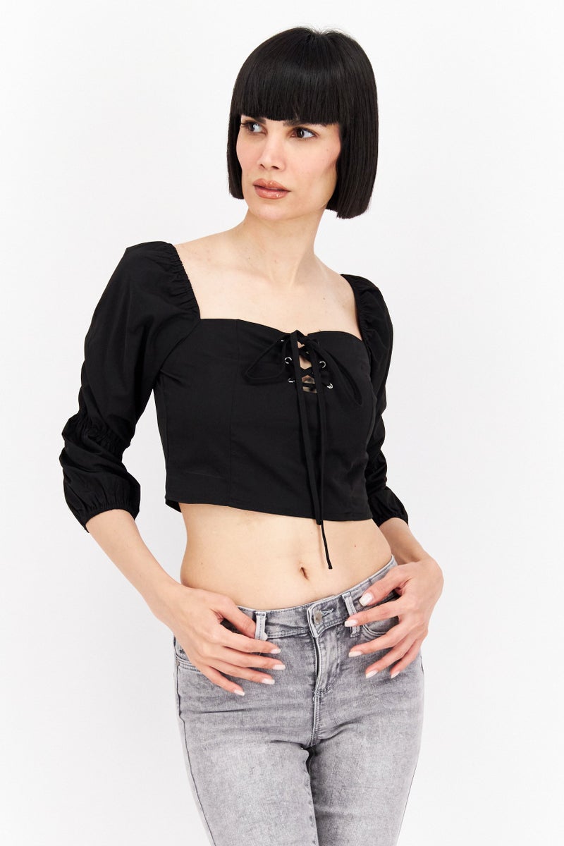 Missguided Women Square Neck Long Sleeves Crop Top, Black - Image 1
