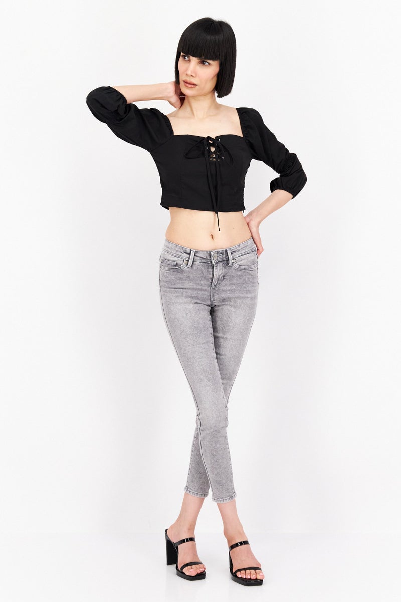 Missguided Women Square Neck Long Sleeves Crop Top, Black - Image 2