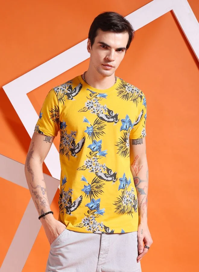 The Indian Garage Co Men Slim Fit Tropical Print Round Neck Tshirt