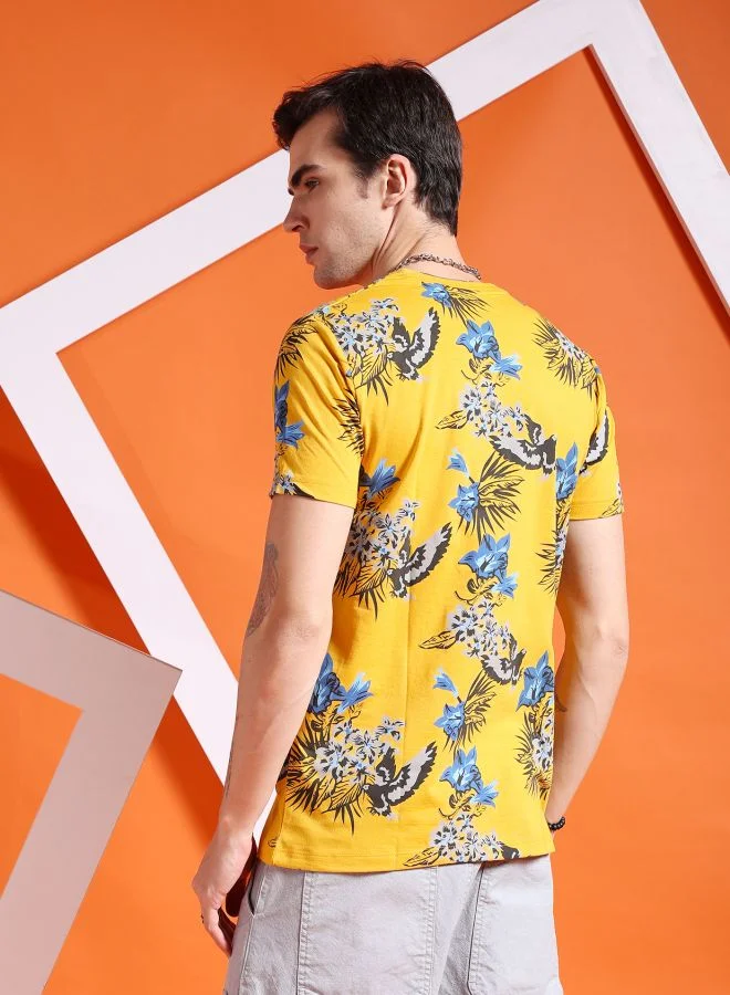 The Indian Garage Co Men Slim Fit Tropical Print Round Neck Tshirt