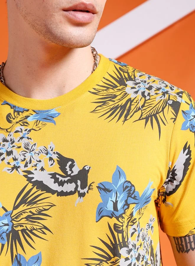 The Indian Garage Co Men Slim Fit Tropical Print Round Neck Tshirt