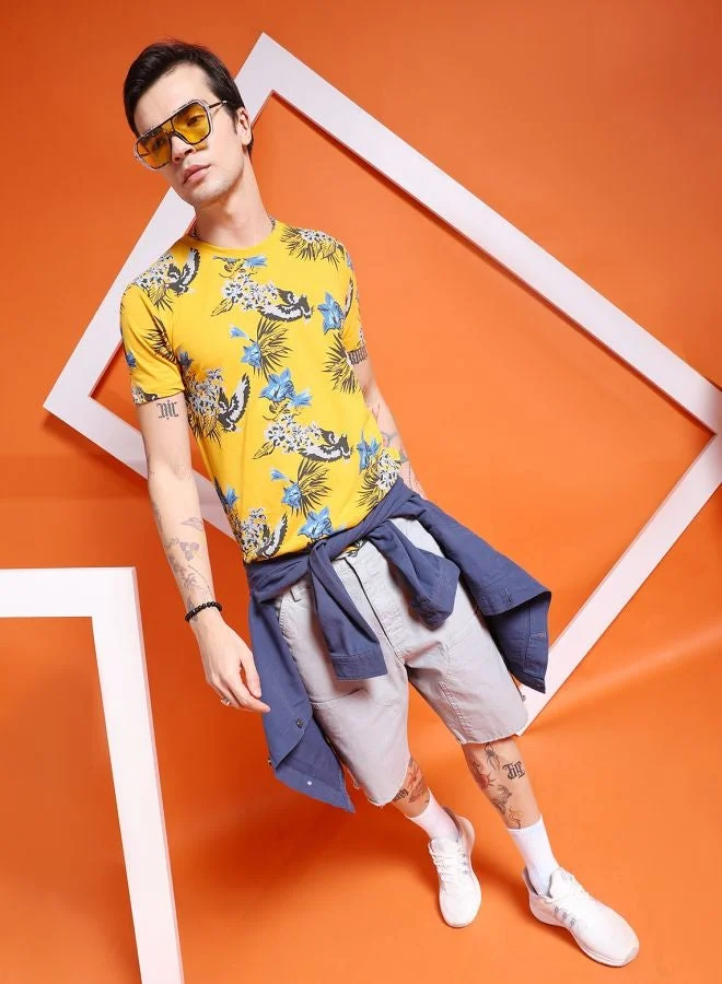 The Indian Garage Co Men Slim Fit Tropical Print Round Neck Tshirt