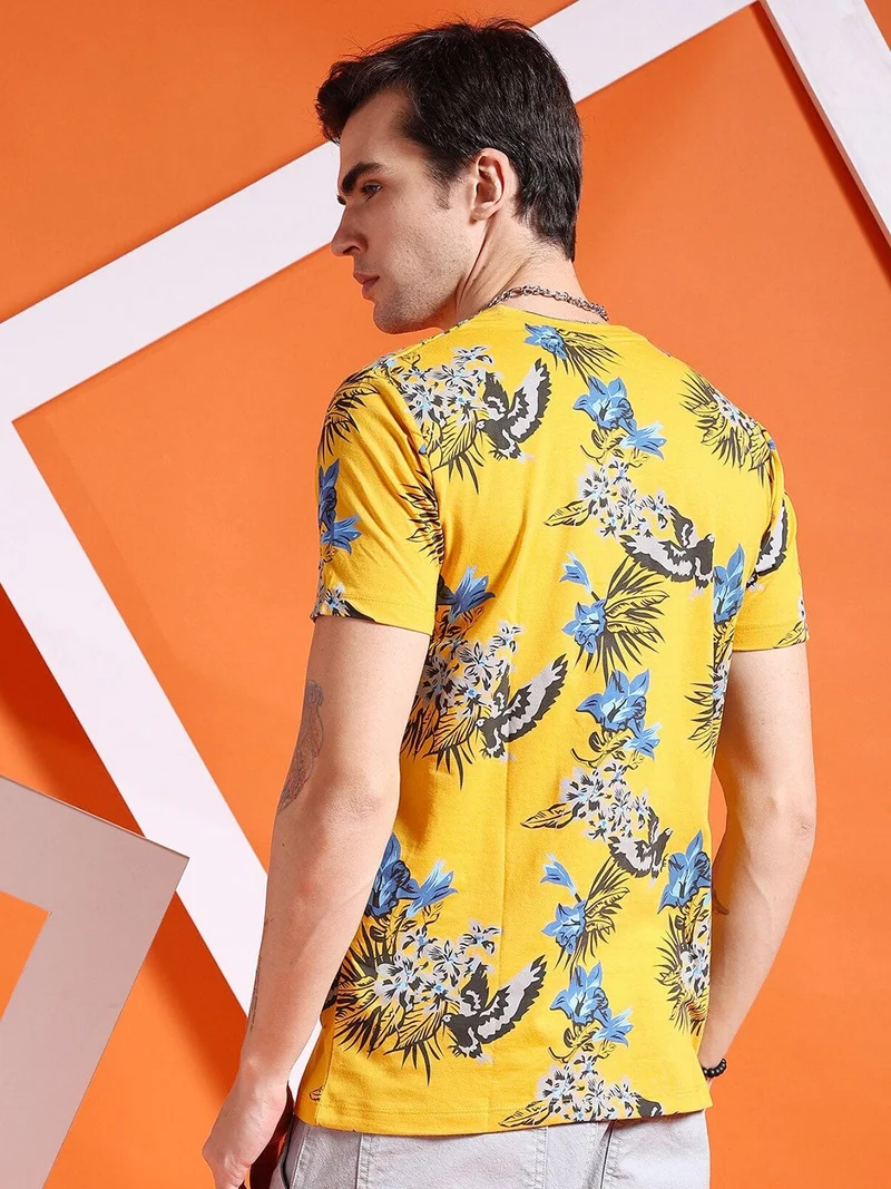 The Indian Garage Co Men Slim Fit Tropical Print Round Neck Tshirt