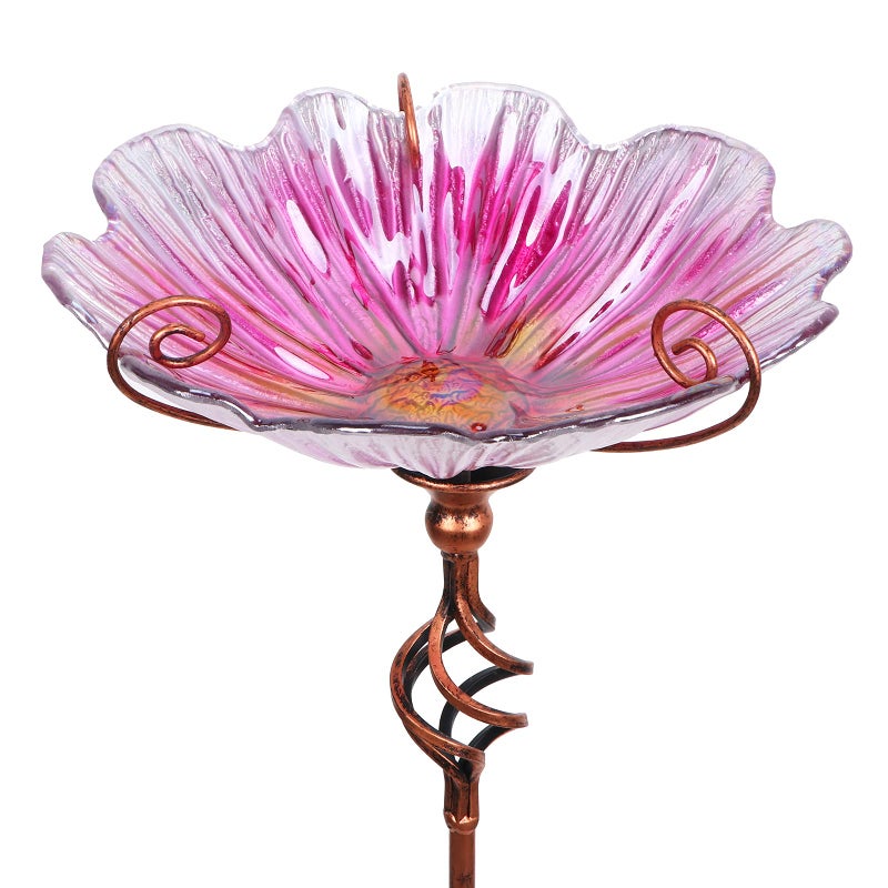 MUMTOP 31 Inch Height Glass Birdbath Birdfeeder with Metal Stake Garden Yard Outdoor Pink