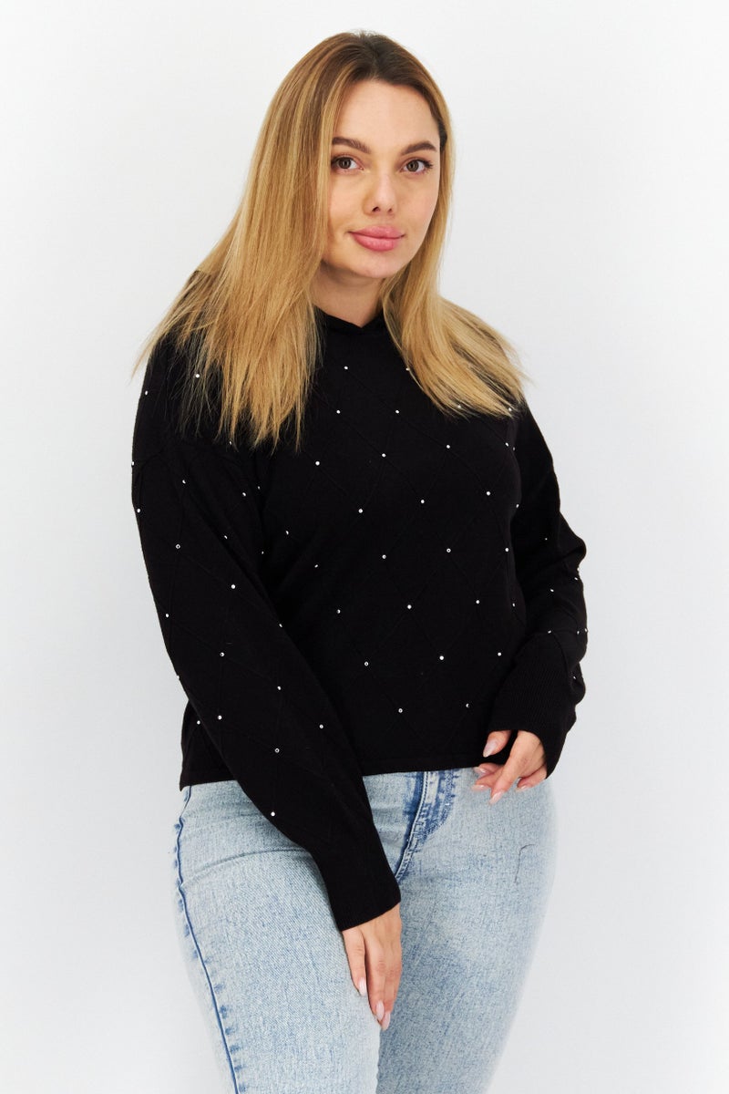 COMMA Women Hooded Long Sleeves Textured Sweatshirts, Black - Image 1