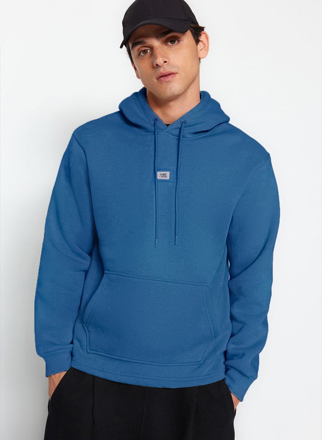 trendyol Indigo Hooded Regular/Normal Cut Labeled Inside Polar Fleece Cotton Thick Sweatshirt - Image 1