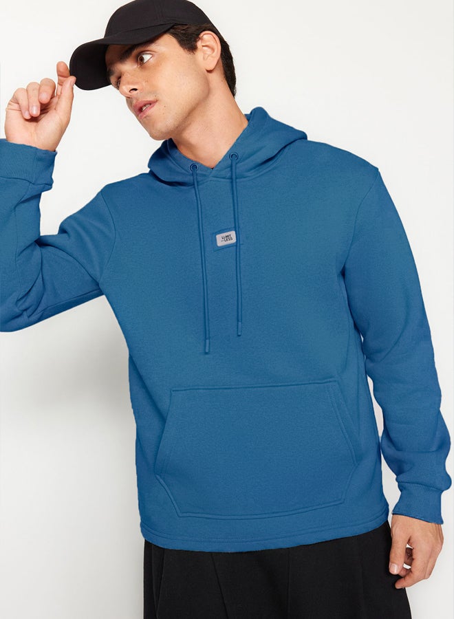 trendyol Indigo Hooded Regular/Normal Cut Labeled Inside Polar Fleece Cotton Thick Sweatshirt - Image 3