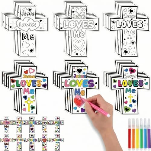 Saysurey 30 Sets Christian Coloring Crafts for Kids Religious Jesus Loves Me Color Your Own Cross DIY Art Craft Ornaments Kit for VBS Bible Sunday School Classroom Drawing Party Supplies - Image 1
