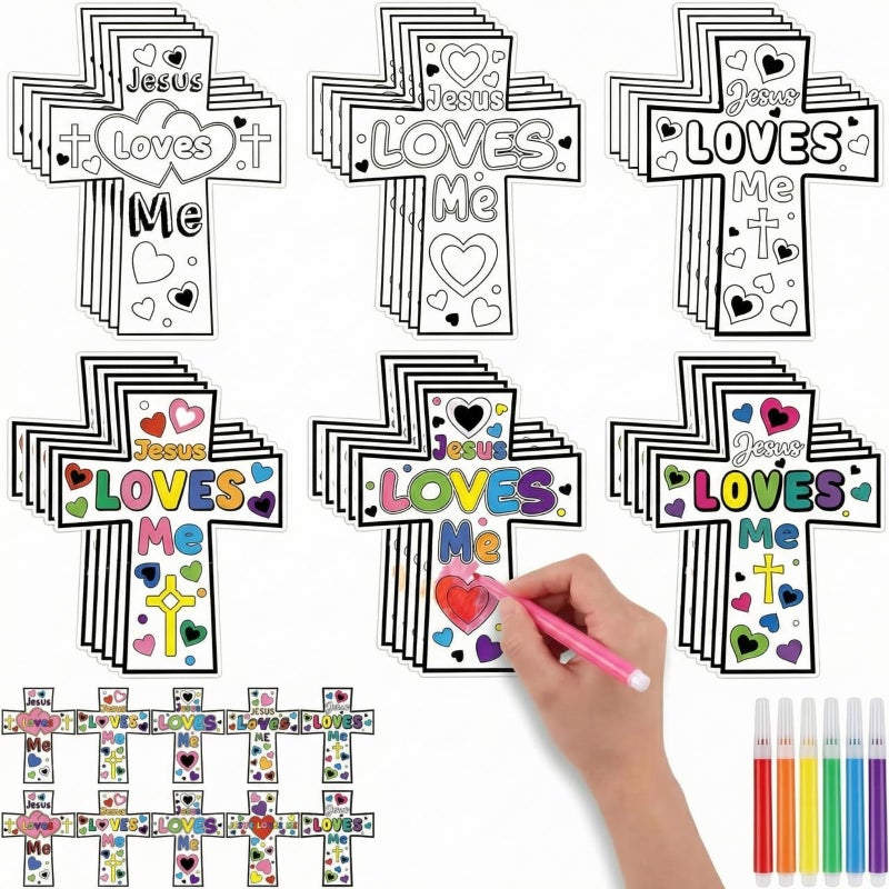Saysurey 30 Sets Christian Coloring Crafts for Kids Religious Jesus Loves Me Color Your Own Cross DIY Art Craft Ornaments Kit for VBS Bible Sunday School Classroom Drawing Party Supplies - Image 2