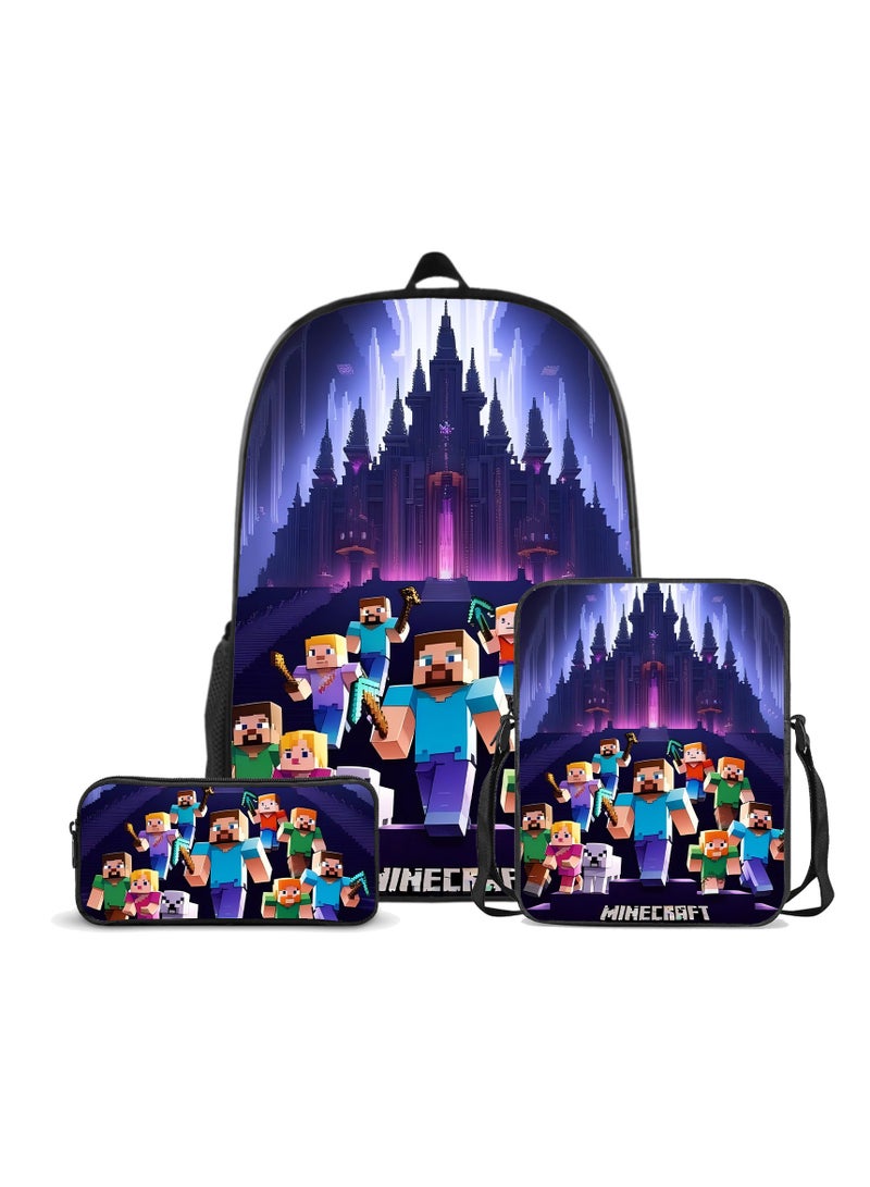 ماين كرافت طالب ثلاثي المطبوعات "عالمي" يتكوّن من حقيبة ظهر سعة كبيرة وشنطة كتف وعلبة أقلام مطبوعة، يغطي جميع احتياجات التحميل اليومية. - Image 1