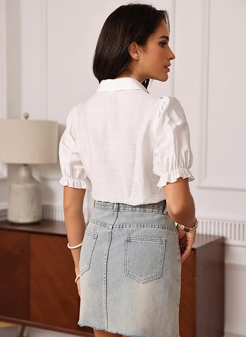 YUNIQEE White Shirt Collar Short Sleeves Shirt Style Top