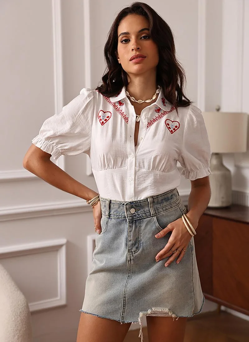 YUNIQEE White Shirt Collar Short Sleeves Shirt Style Top