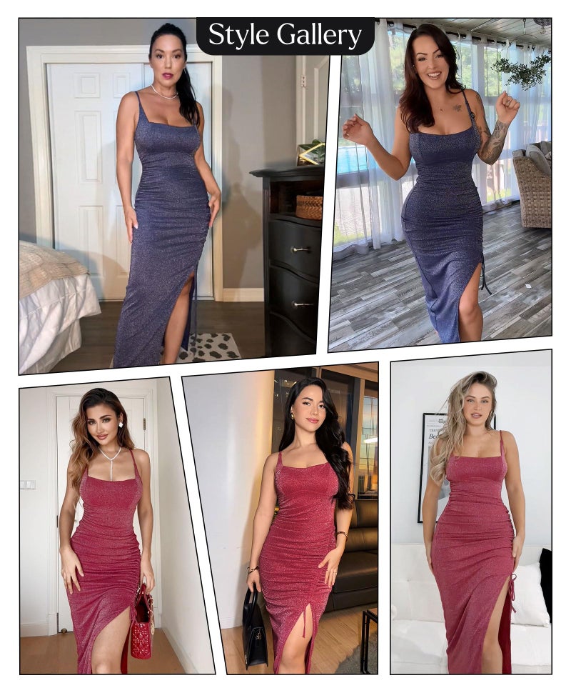 Popilush Sparkly Cocktail Dresses for Women Shapewear Formal Wedding Guest Dress Fall Square Neck Ruched Midi Dress Side Slit Blue - Image 2