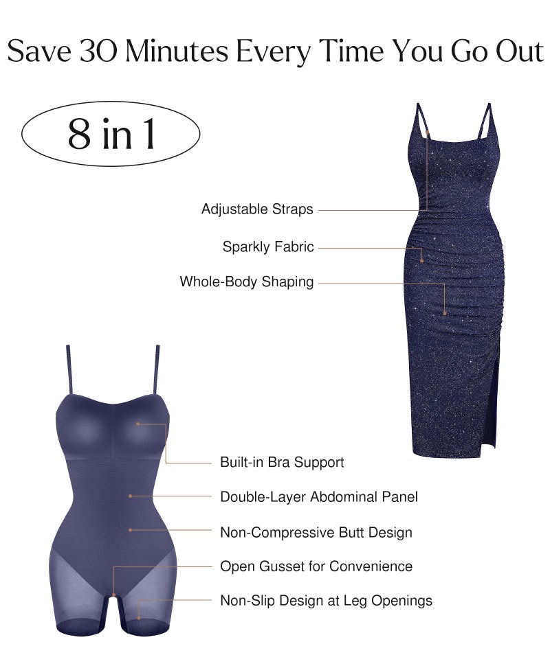 Popilush Sparkly Cocktail Dresses for Women Shapewear Formal Wedding Guest Dress Fall Square Neck Ruched Midi Dress Side Slit Blue - Image 3