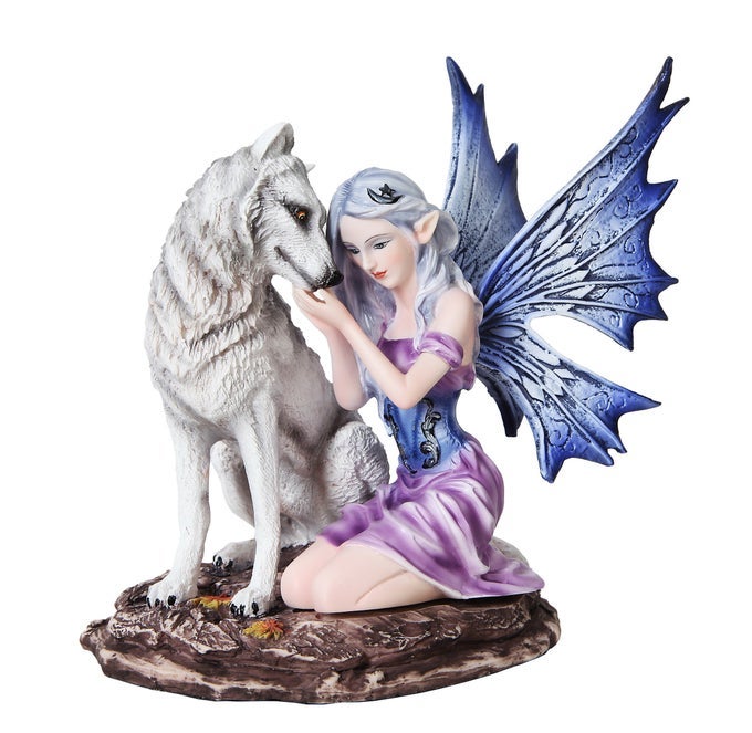 675 Inch Blue Winged Fairy with White Wolf Resin Statue Figurine
