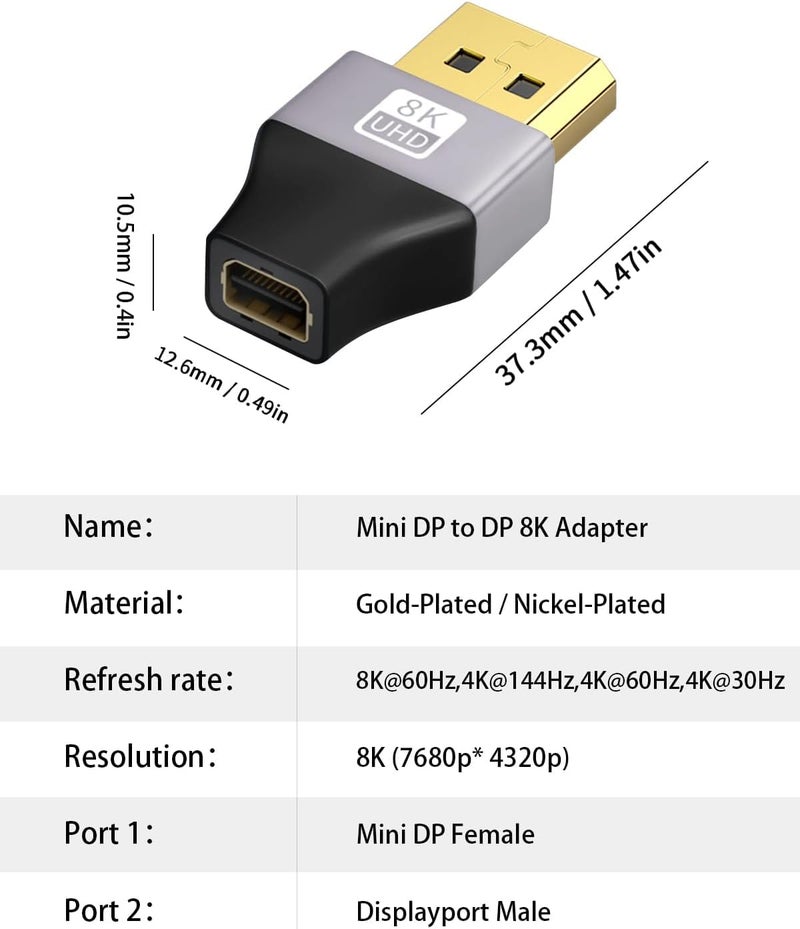 Tobo 8K DisplayPort to Mini DisplayPort Adapter, DP Male to Mini DP Female, 8K@60Hz UHD Video for Laptop, PC, Monitor, TV - Image 2